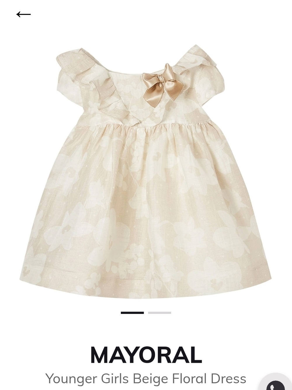 Mayoral Beige Floral Toddler Linen Dress with Bow. Size 12m